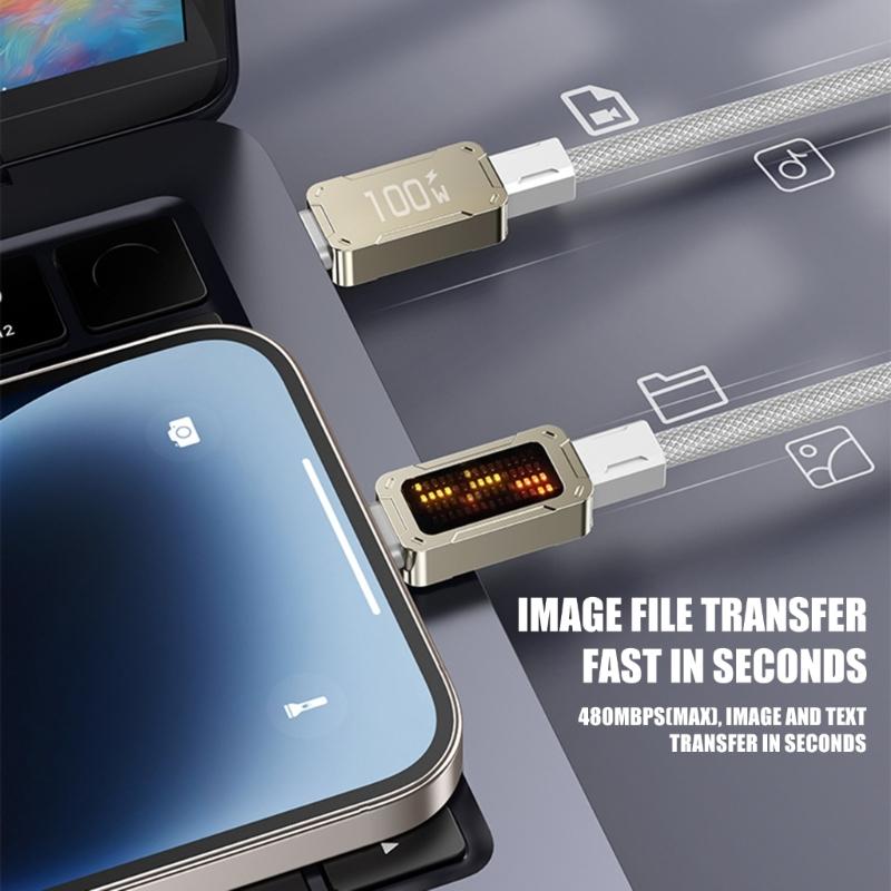 Прочный USB-C кабель из алюминиевого сплава, PD100W Быстрая зарядка и передача данных, с динамическими разноцветными светодиодными эффектами