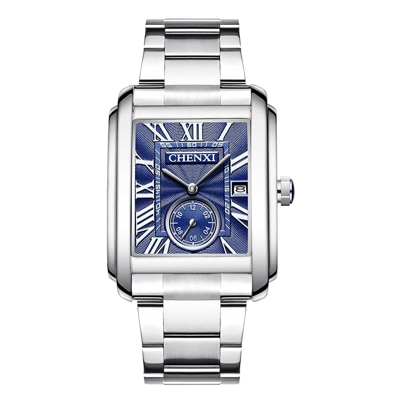 Square Watch Men's 3ATM Waterproof Stainless Steel Belt: Romaji Analog Calendar Quartz Watch Casual Watch Simple Fashionable Silver Fashion