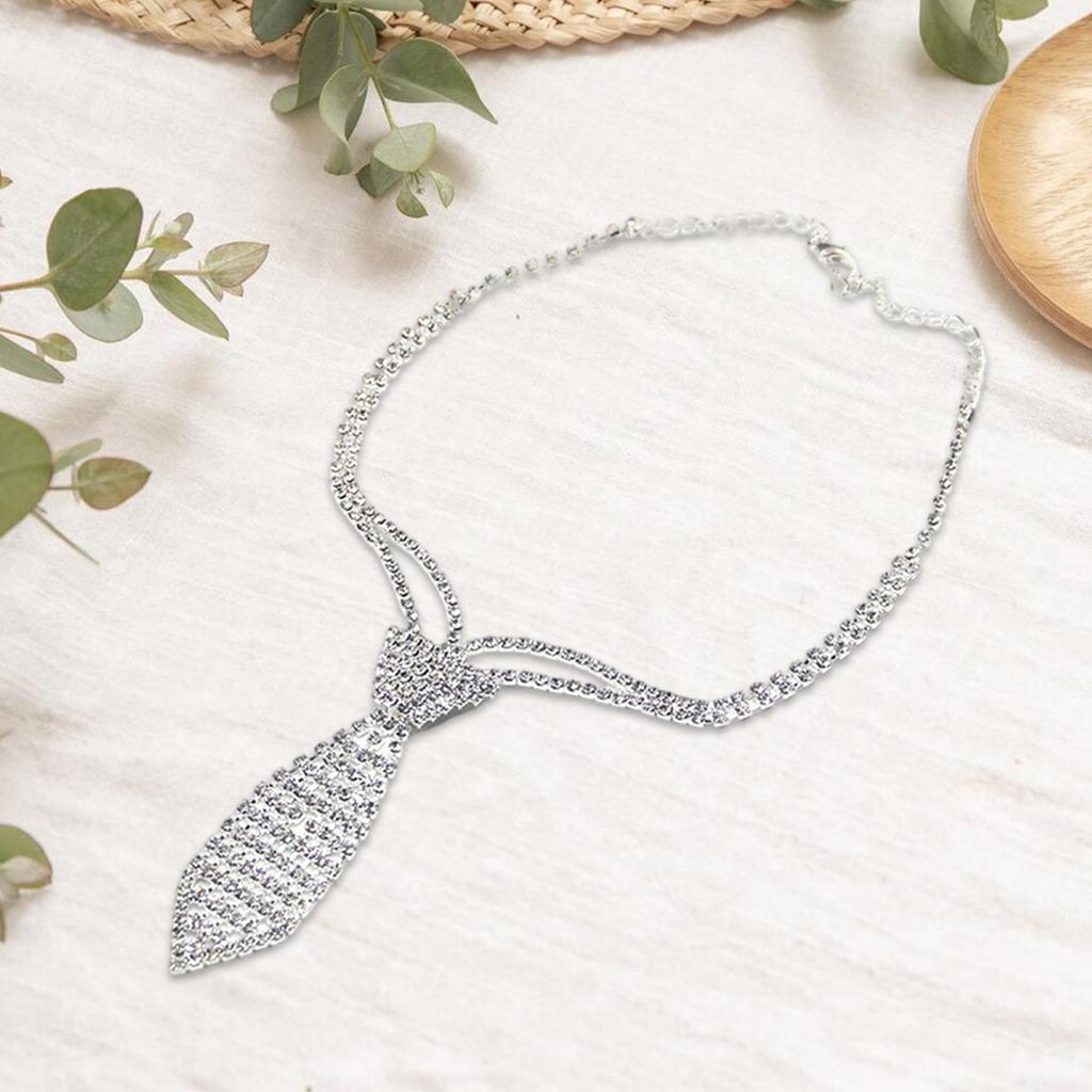 Sparkly Rhinestones Necklace Short Tie Gothic Choker Crystal Metal Chain Necktie for Women Wedding Jewelry Neckwear