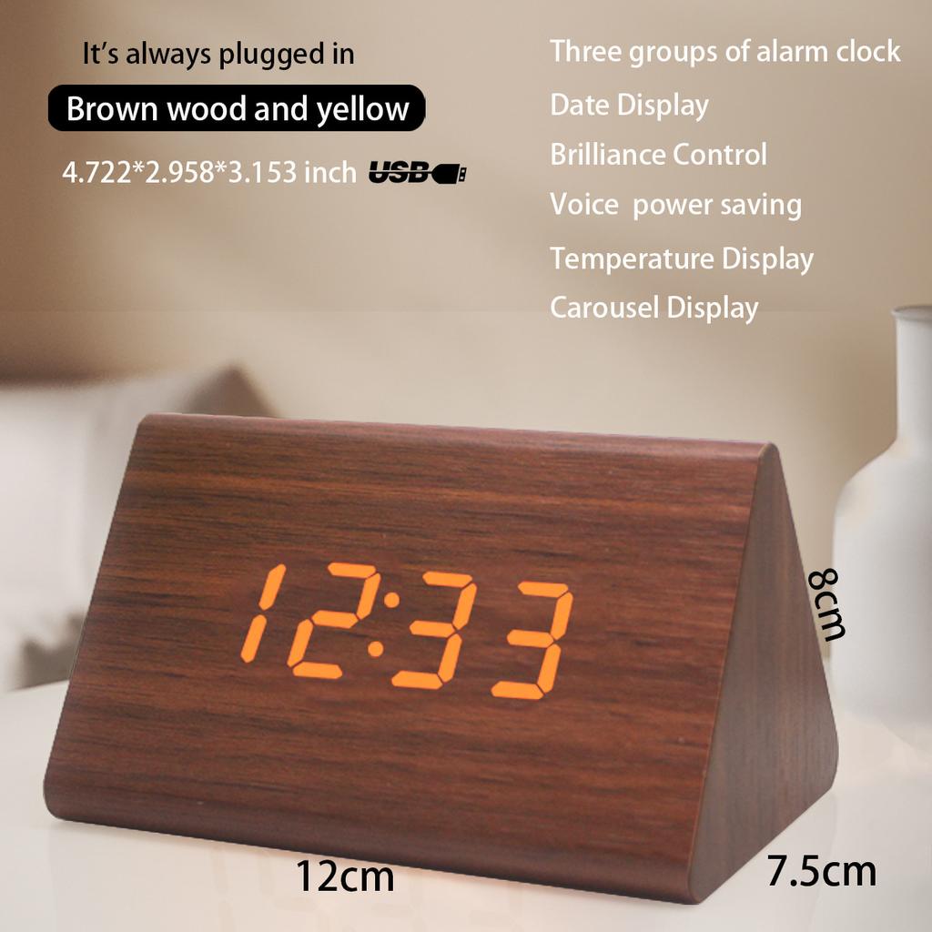 Multi-function LED Alarm Clock Digital Plug-in Clock, Bamboo Voice Control Clock, Adjustable Brightness, Alarm Time, Display Time Date Temperature