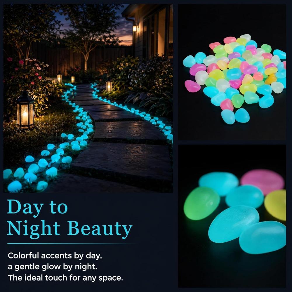 Outdoor glow-in-the-dark stones, decorative luminescent pebbles, suitable for landscaping and garden paths.