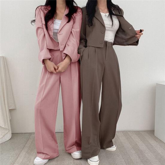 Yousheng Повседневные деловые наряды для женщин Укороченные пиджаки Брюки широкого кроя Костюмный комплект Осень Комплект из 2 предметов для работы Офисный комплект