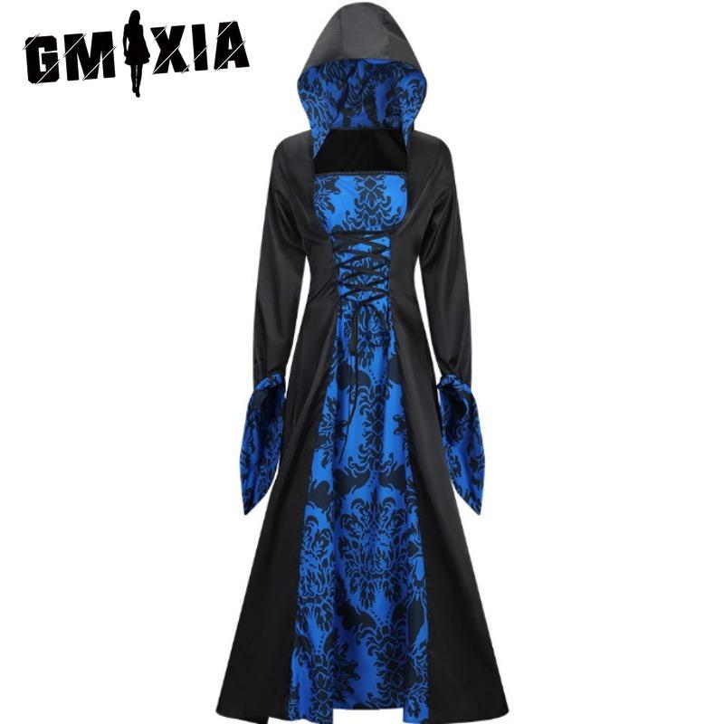 GMXIA Платье-корт в винтажном стиле с длинными рукавами и капюшоном, длинное платье на Хэллоуин с принтом