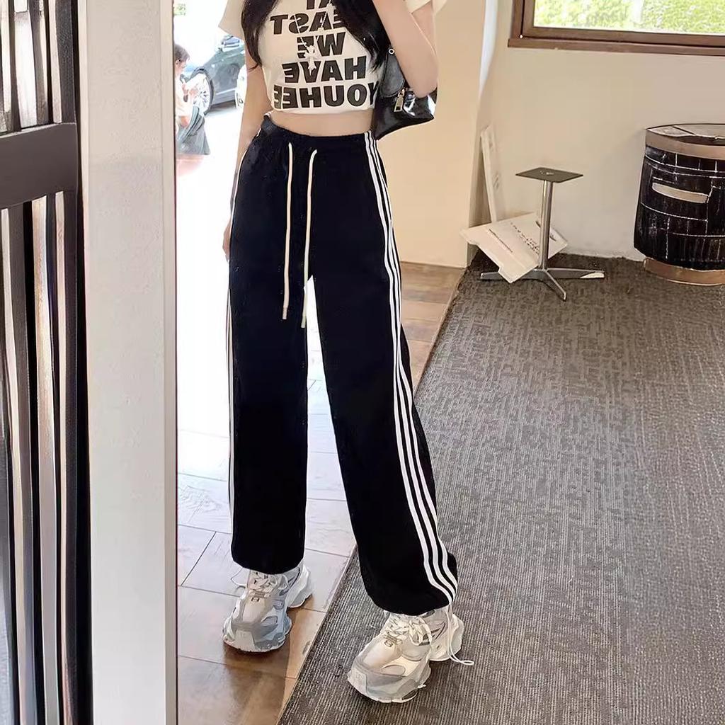 Three-way American Sports Pants for Women In Spring and Autumn New Striped Tying Feet Casual Small Wide-leg Loose Sweatpants