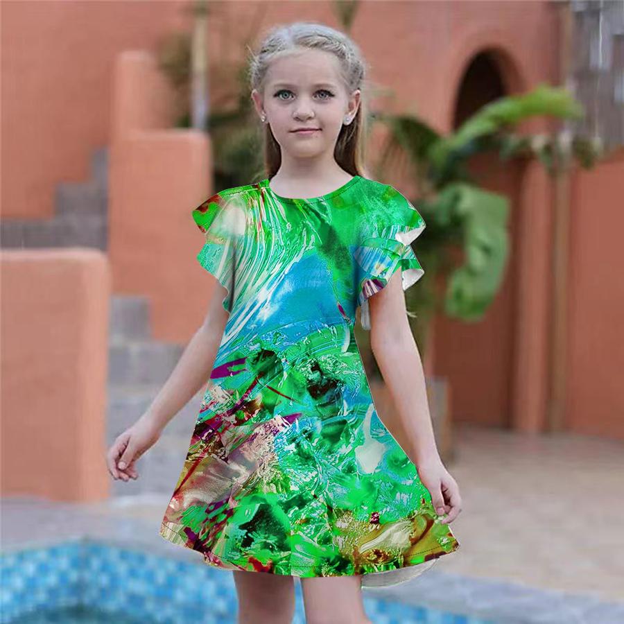 Girls Multi-colored Ice Cubes Print Dresses Kids Girl Party Dress Loose Fitting Loose Fitting Short Sleeved Skirt For Girls Over Four Years Old