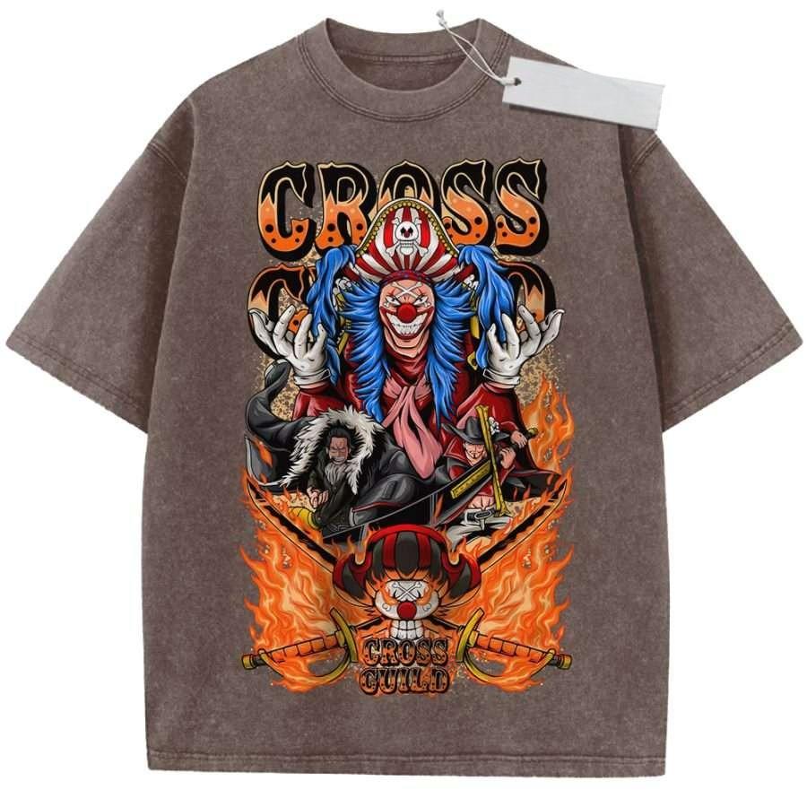 Unisex Black Washed Vintage T Shirt One Piece Cross Guild Buggy Members Flame Style High Quality Fabric for Casual