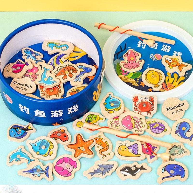 Educational Wooden Magnetic Fishing Game For Children Ocean Animal Cognition And Parent-child Interactive Toy