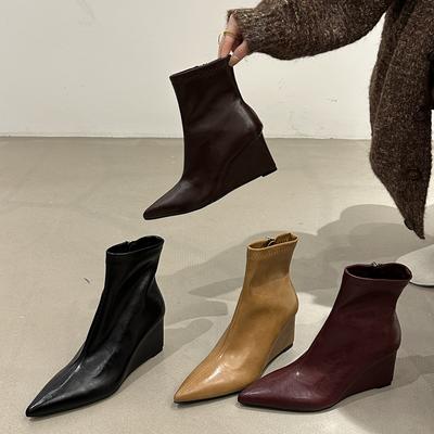 Мода SUOJIALUN 2025 Новый Бренд Женские Короткие Ботинки Мода Высокий Клиновидный Каблук Женские Элегантные Ботильоны Обувь Уличная Платье Челси Туфли