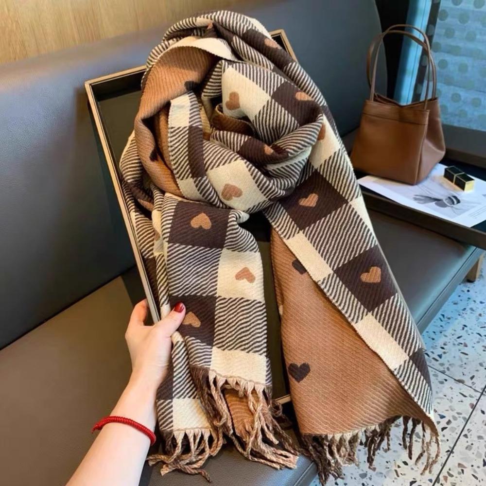 Love Heart Plaid Neck Warmer Coldproof Tassel Neckerchief New Imitation Cashmere Shawl Women