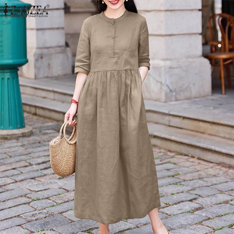 ZANZEA Women Casual O-neck Loose Summer Half Sleeve Dress