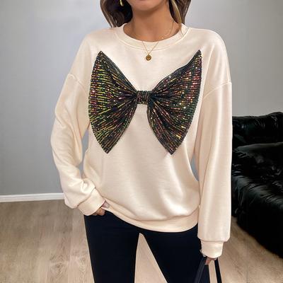 Женский новый осенне-зимний праздничный пуловер с пайетками и бантом, круглым вырезом, повседневный и универсальный свитер