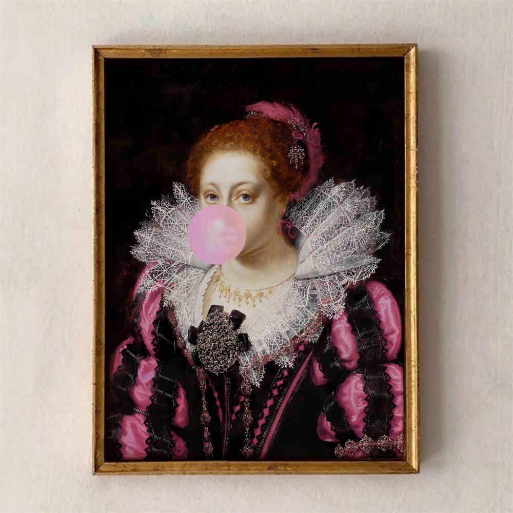 Funny Altered Art Portrait Poster Dark Academia Rococo Print Vintage Pastel Portrait Canvas Painting Bubblegum Baroque Art Print