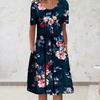 O-Neck Short Sleeve Pleated Midi Dress Pockets Loose Hem Mid-calf Length Women Floral Print A-Line Holiday Dress Daily Clothing