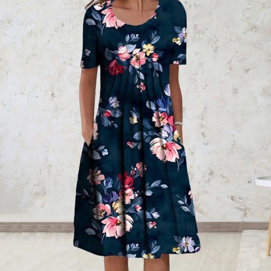 O-Neck Short Sleeve Pleated Midi Dress Pockets Loose Hem Mid-calf Length Women Floral Print A-Line Holiday Dress Daily Clothing