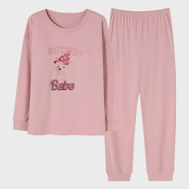 Женский пижамный комплект с рисунком из мультфильмов на весну/осень с нагрудными накладками, длинными рукавами и брюками — свободный, удобный и подходит для ношения на открытом воздухе