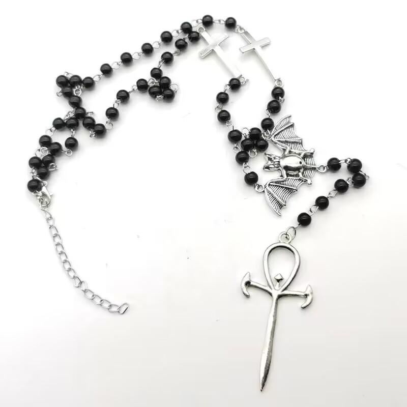 Vampire Ankh Rosary Occult Vamp Bead Necklace Goth Punk Bat Cross Pendant Necklace Handmade Beaded Egyptian Tradgoth Jewelry