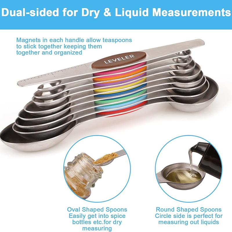Набор из 9 магнитных мерных ложек из нержавеющей стали, двухсторонние маленькие столовые ложки, чайные ложки, подходят для баночек для специй