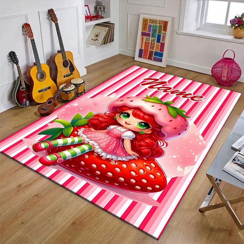 Custom Strawberry Princess Mat Personalized Name, Polyester Washable Indoor Entryway Rug, Gift for Christmas, Easter, Thanksgiving Day