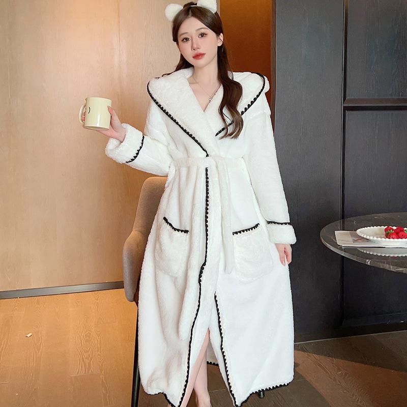 Женский халат с капюшоном из кораллового флиса - Толстый, теплый, длинный, однотонный для осени и зимы