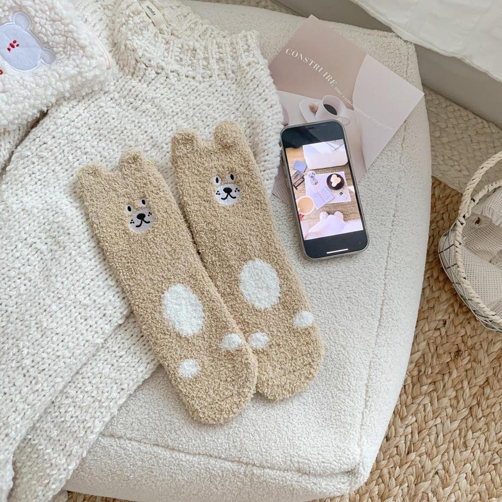 Женские неколючие носки из кораллового флиса с кошачьим принтом - Теплые, милые, до середины икры для осени и зимы