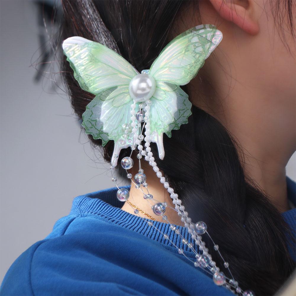 Bead Butterfly Hairpin Imitation Pearl Butterfly Hair Clip Fresh Tassel Duckbill Clip Wedding