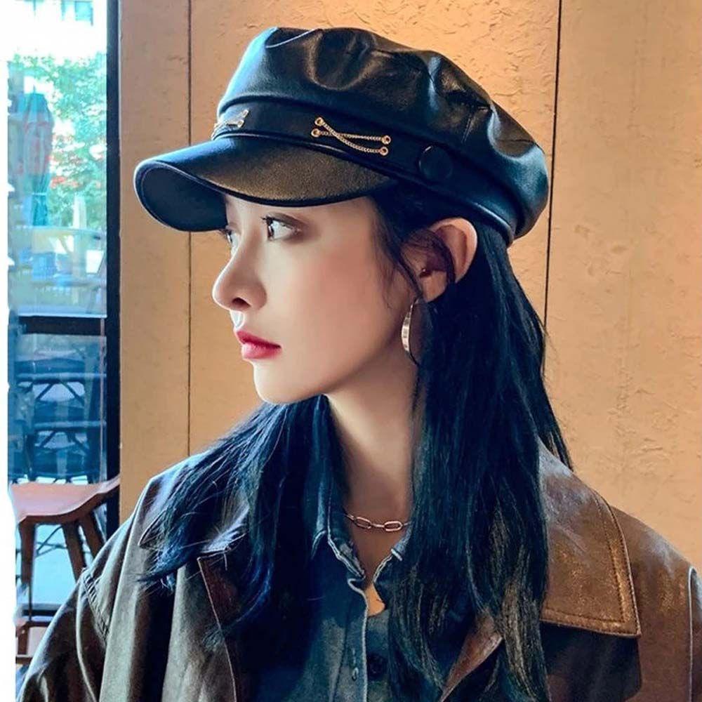 PU Leather Girl British Style Winter Women Berets Painter Cap Korean Style Octagonal Hat Navy Hat