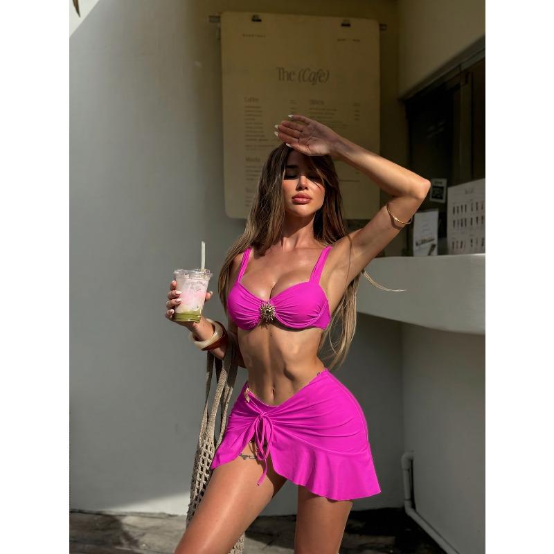 2026 New Fashionable and Sexy Bikini Nylon Swimsuit Women's Beach Skirt Three-piece Swimsuit