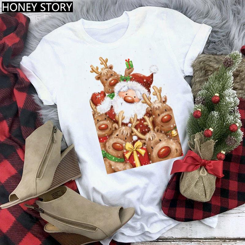 Kawaii Cartoon Merry Christmas Tree Graphics Women T-Shirts 90S Summer Short Sleeves Loose Round Neck Female Y2K Tops