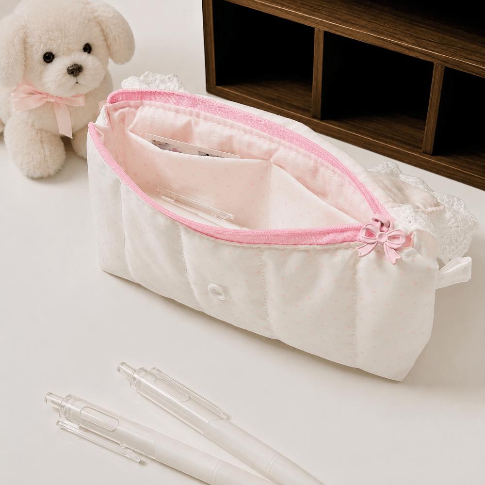 Pink Lace Pencil Case Polka Dot Design Stationery Bag Stationery Organizer School Supplies