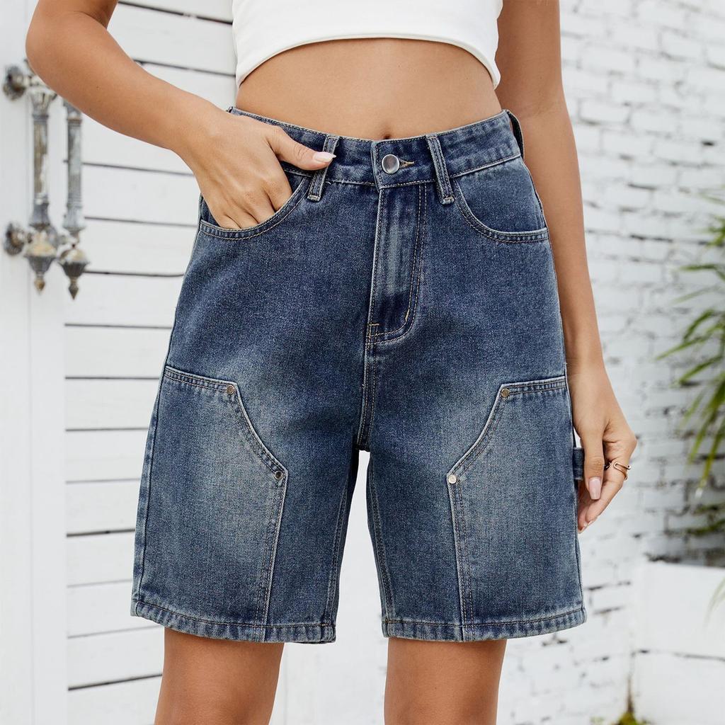 Women's Fashionable Solid Color Pocket Workwear Denim Casual Five Quarter Shorts