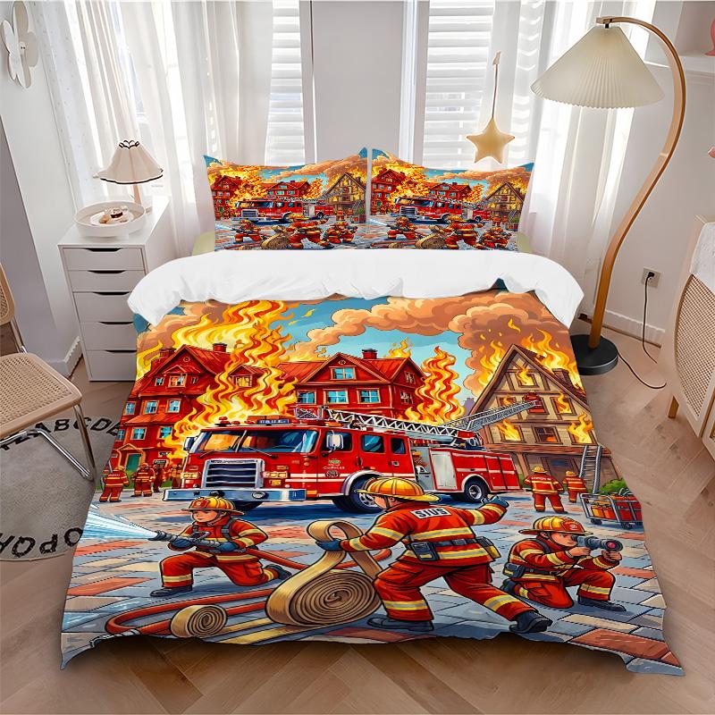Firefighters Flames Town Print 3Pcs Bedding Setduvet Cover With 2 Bedropillowcase Home Birthday Gift