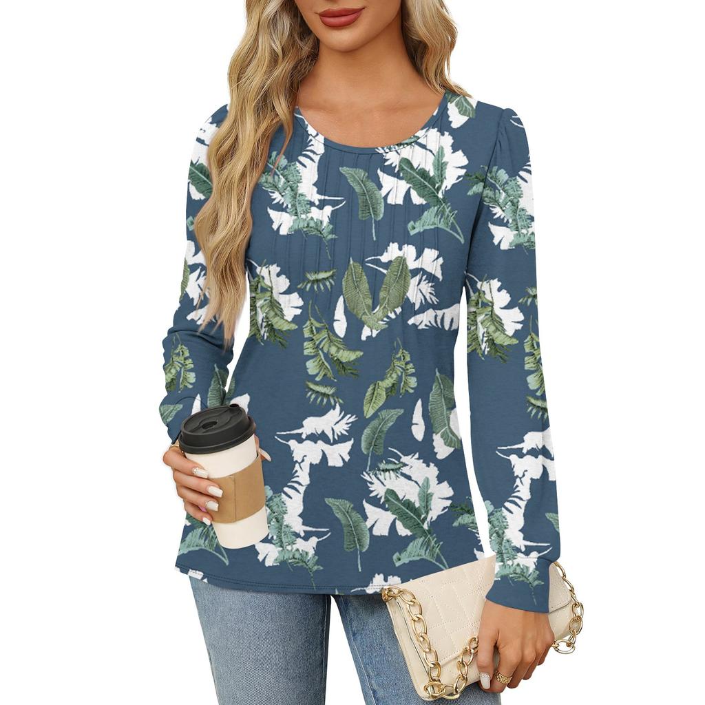 Рубашки с длинным рукавом для женщин, футболки с милым принтом и графикой, блузки, нарядные повседневные блузки, плиссированные топы-туники с овальным вырезом