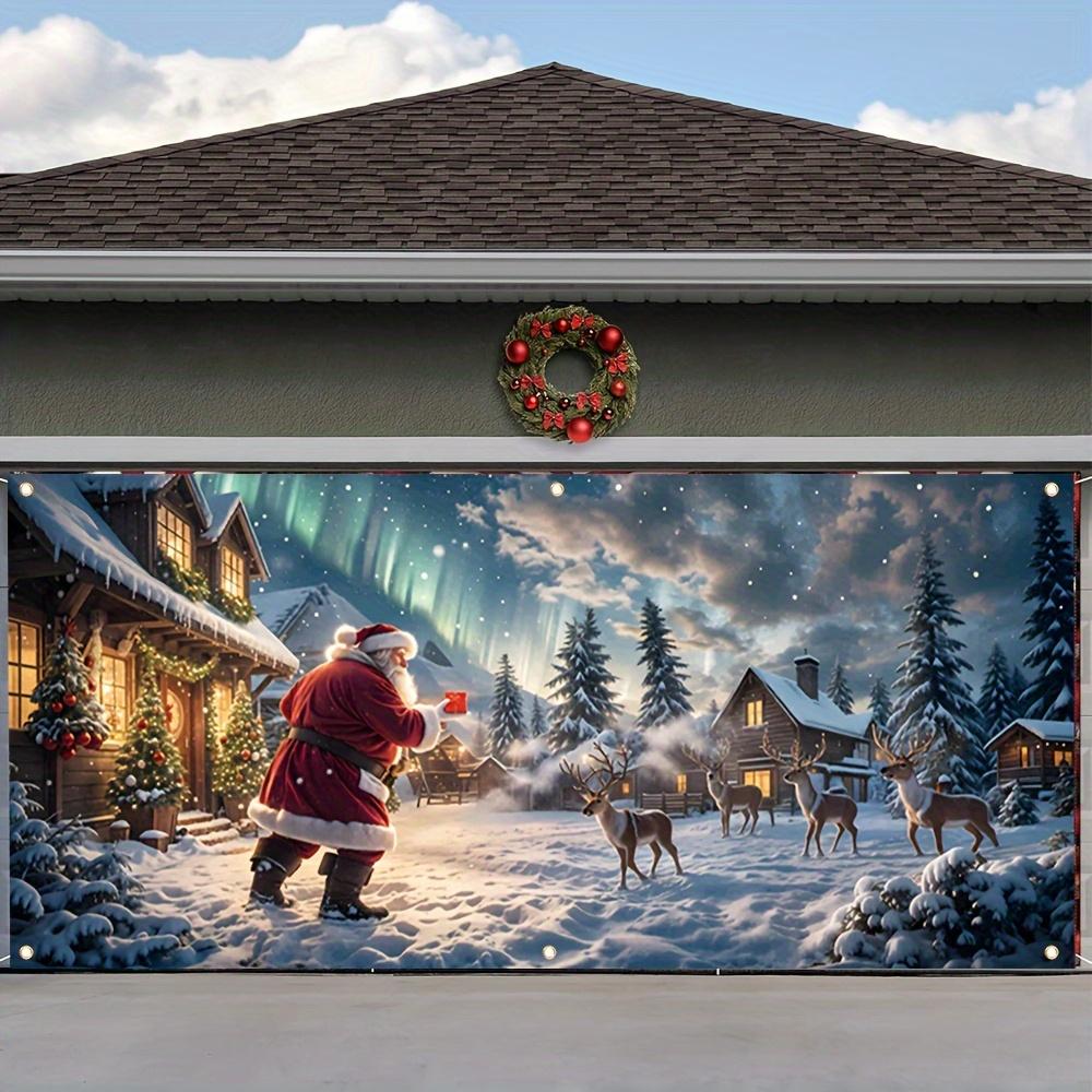 2D door banner, 1pc, Christmas garage door cover party banner, Santa Claus and reindeer playing pattern