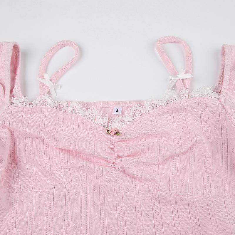 Женская плиссированная футболка с квадратным вырезом и кружевом, длинными рукавами и бантом