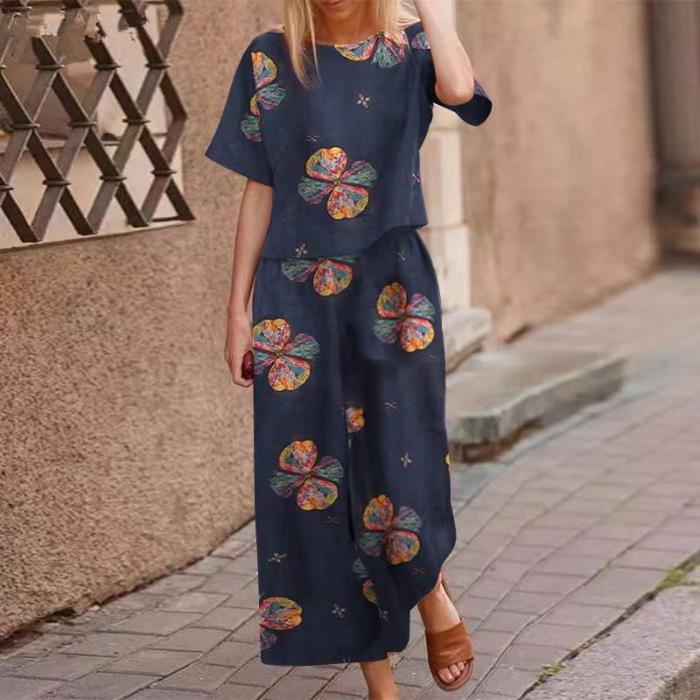 Spring and Summer Loose and Elegant Casual Printed Cotton and Linen Short-sleeved Fashionable Sportswear Set