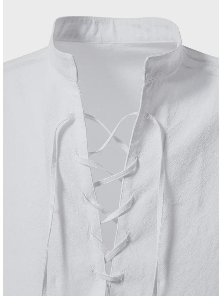 Мужская рубашка хенли 2024 года с V-образным вырезом, шнуровкой, длинным рукавом, однотонный хлопок и лен, свободный повседневный воротник-стойка