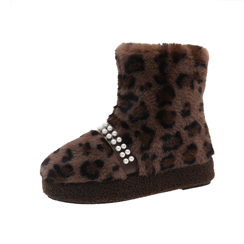 Леопардовый мех платформы женские зимние ботильоны бисер короткие плюшевые балетки хлопковая обувь 2025 тренд мода теплые зимние ботинки женские