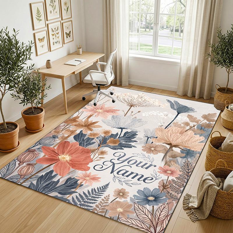 Floral Artwork Theme Soft Crystal Velvet Rug Custom Name & Text Print Non Slip Floor Rug for Bedroom Living Room