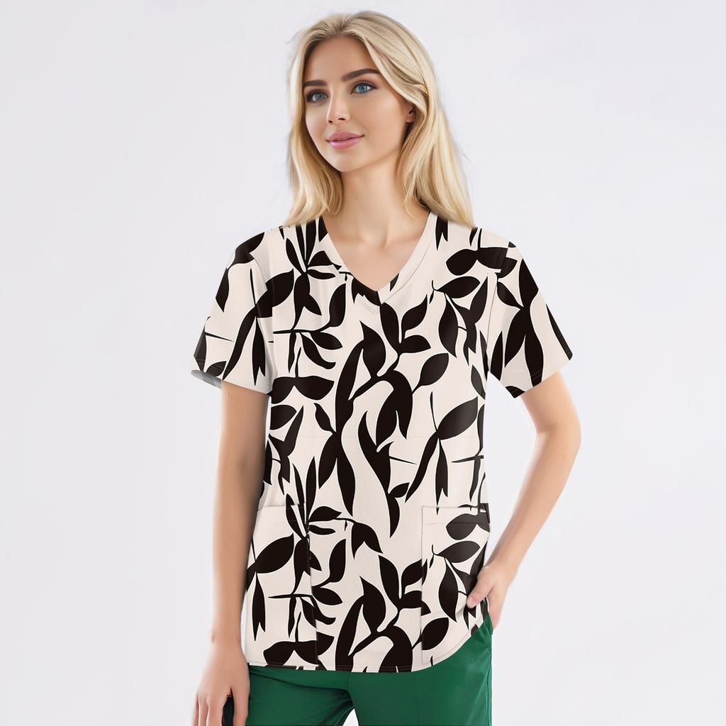 Рабочая форма больших размеров с принтом, топы для женщин, забавные футболки с v-образным вырезом и короткими рукавами, рабочая одежда, футболка с карманами