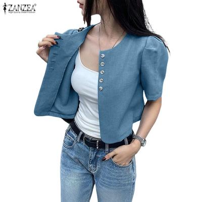 Женская повседневная блузка с круглым вырезом, коротким рукавом и пуговицами