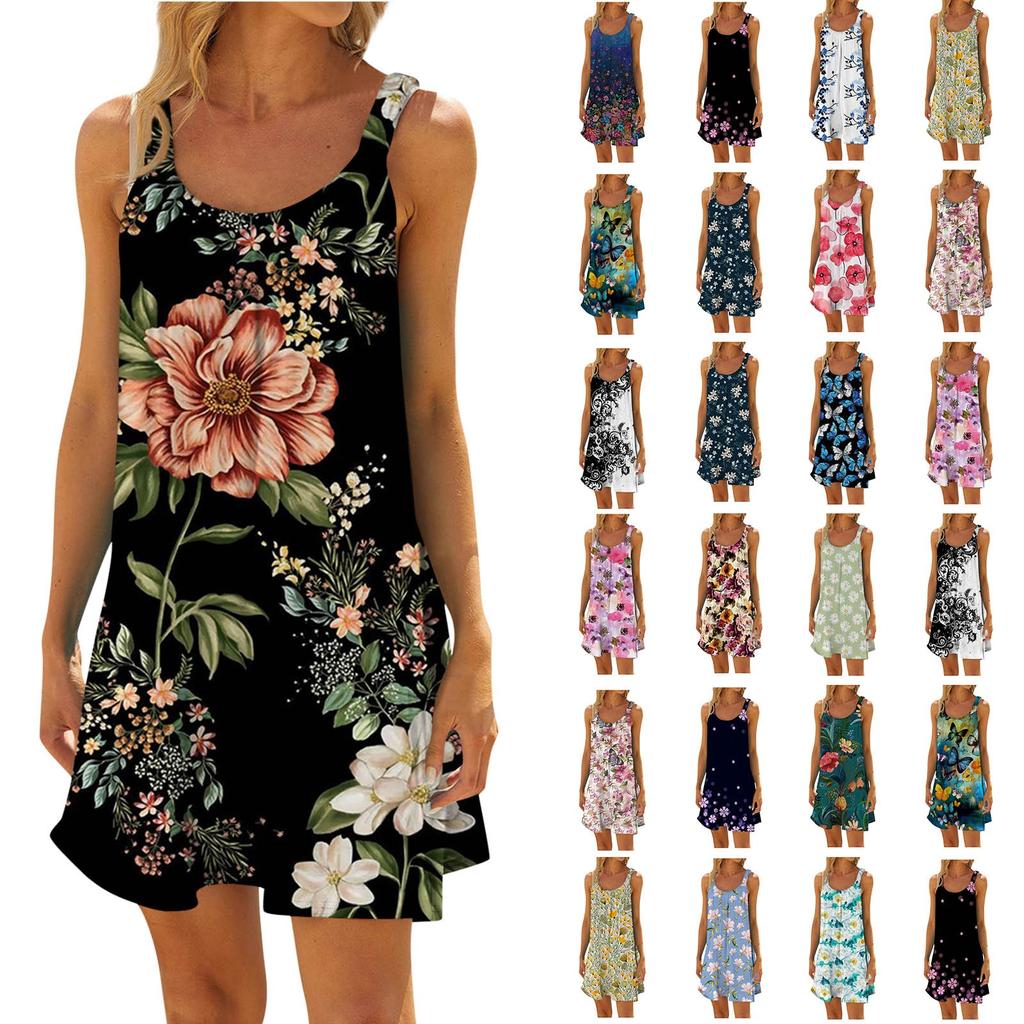 Women's Fashion Summer Beach Casual Print Sleeveless Cute Mini Sling Dress