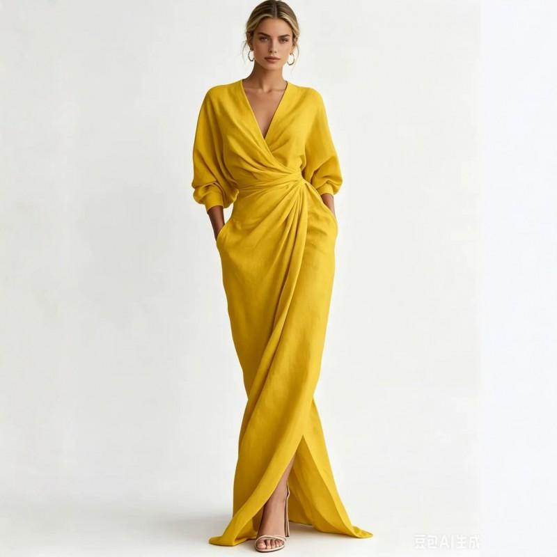 2026 Womens V-Neck Long Sleeve Dress Solid Color Slit Waist Pocket Unisex Pullover