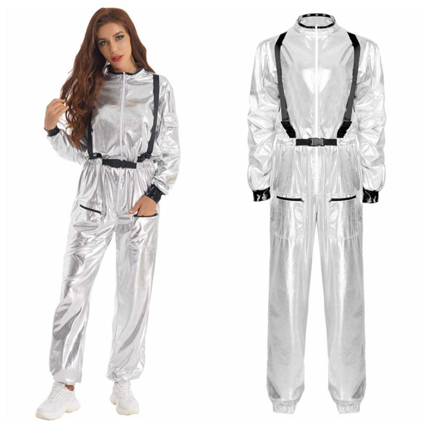 Женский костюм астронавта для ролевых игр, костюм на Хэллоуин, металлический блестящий комбинезон с длинным рукавом и боди на молнии