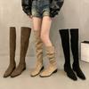 Women's Cowboy Knee High Boots Round Toe Low Chunky Block Heel Wide Calf Pull On Slouchy Boot Comfortable Slip On Faux Suede Western Booties for Women