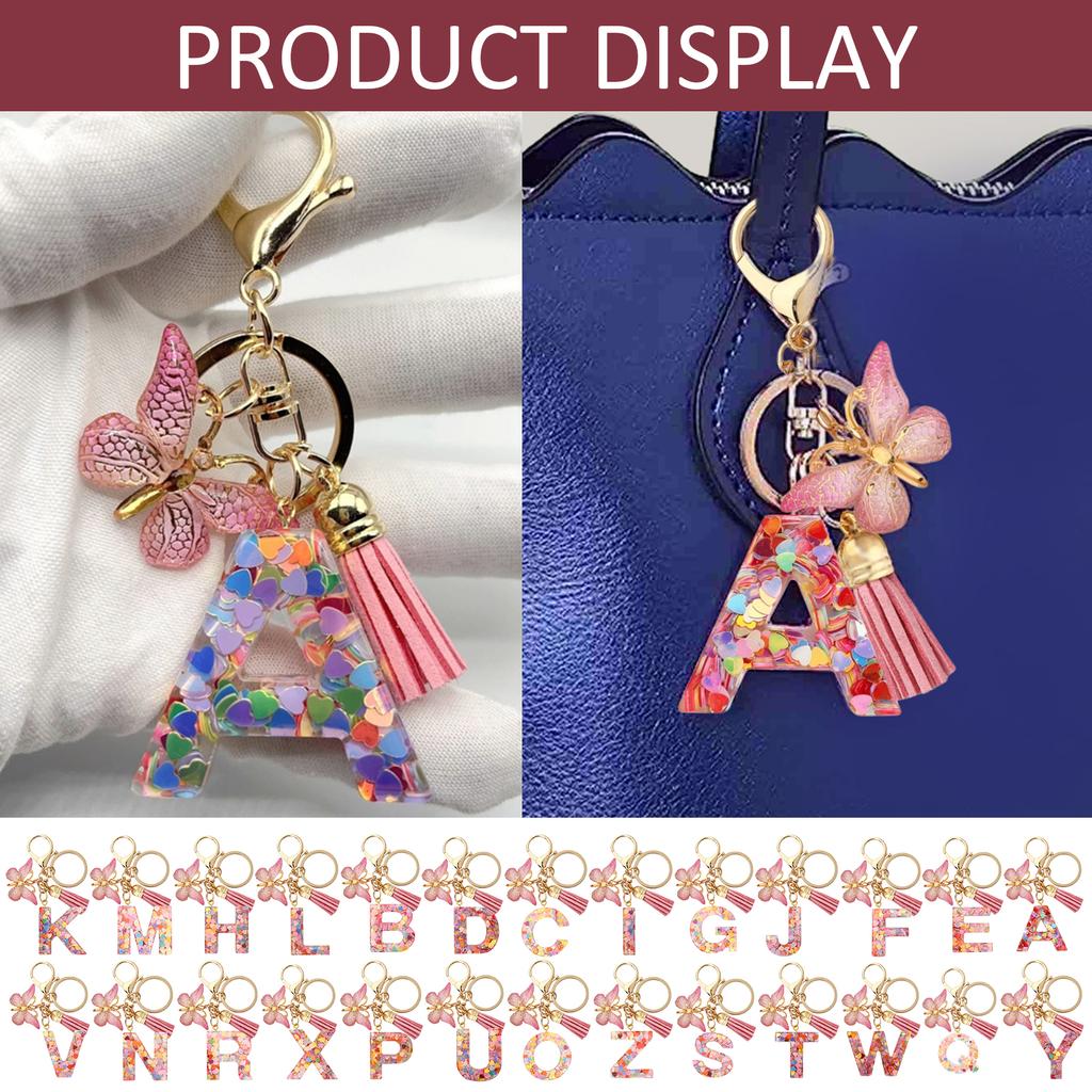Сладкие Разноцветные Пайетки Сердечки Брелок с Буквой Инициалом Кисточки Подвеска Бабочка Брелок для Женщин Девушек Сумка Кошелек
