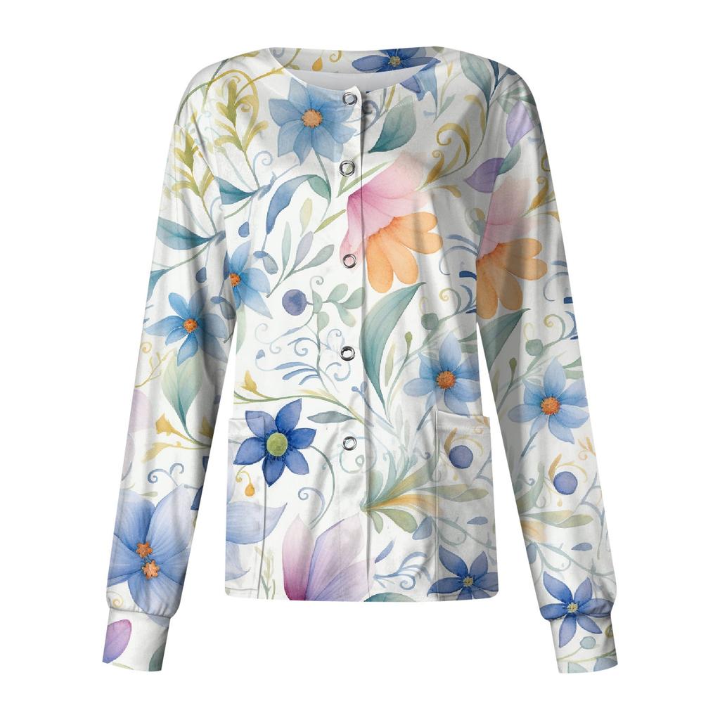 Женский однобортный защитный комбинезон с длинным рукавом и рождественским принтом, карманный рабочий воротник-стойка, кардиган, куртка, топ