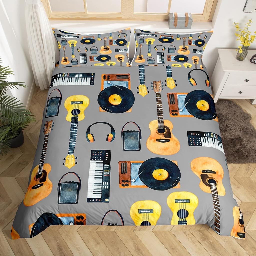 Cartoon Black Record Duvet Cover Set Retro Record Comforter Cover for Boy Girl Music Theme Bedding Set Queen King Duvet Covers
