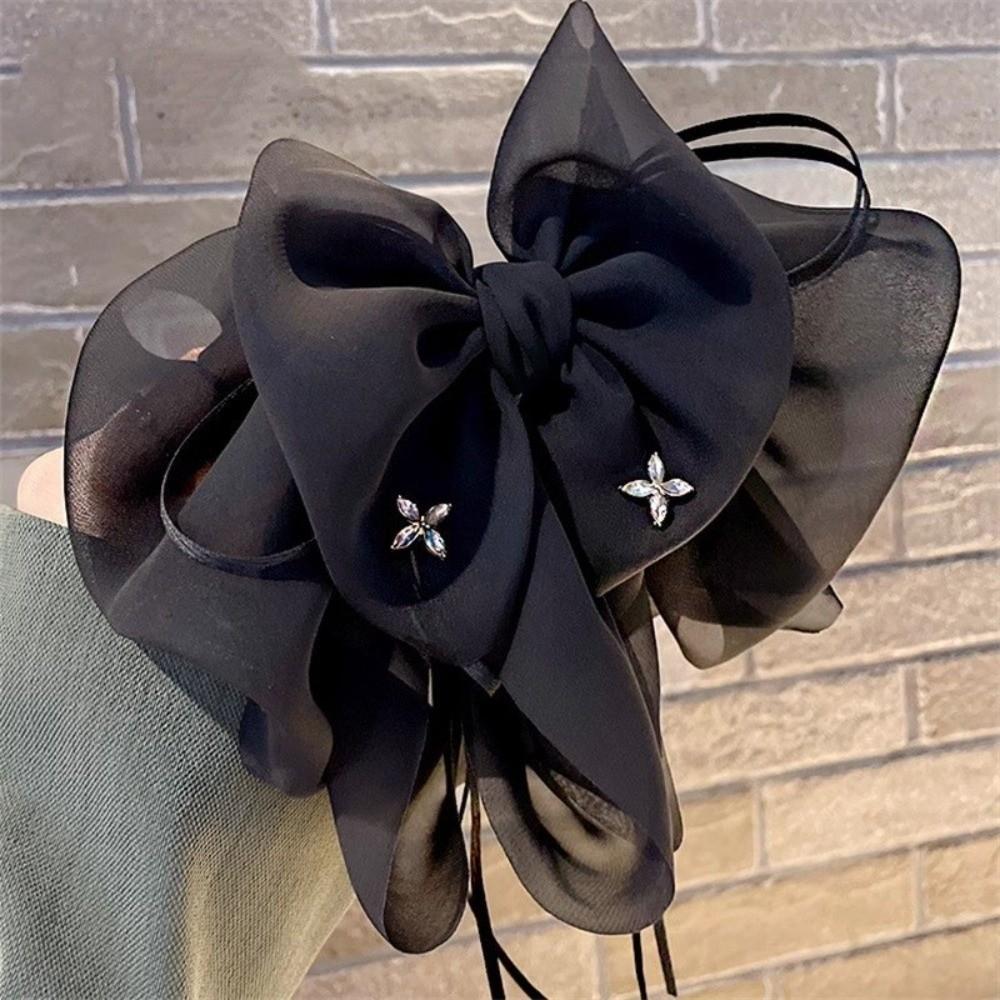 French Style Shiny Rhinestone Hair Claw Elegant Women Sequin Hairgrips Black Bow Shark Clip Party