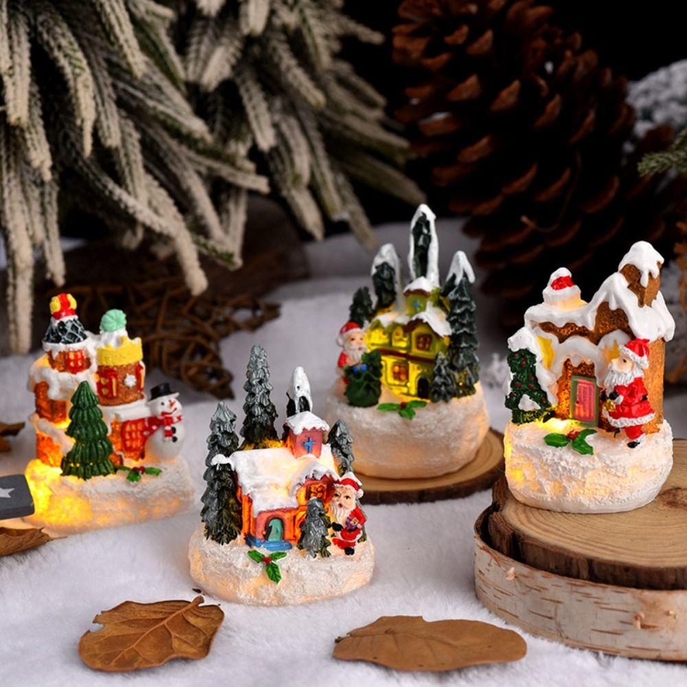 Resin House Statue Light Creative Santa Claus Snowman Lamp Miniature Figurine Sculptures  Festival