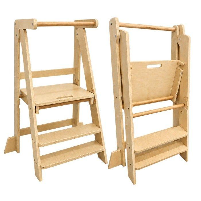 GINGER HOME Tour Montessori Enfant Pliable, Learning Tower en Bois Massif Naturel, Marchepied Cuisine Sécurisé, 51x37x92 cm